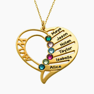 Personalized Heart Necklace with Engraved Names and Birthstones – Gift for Mom