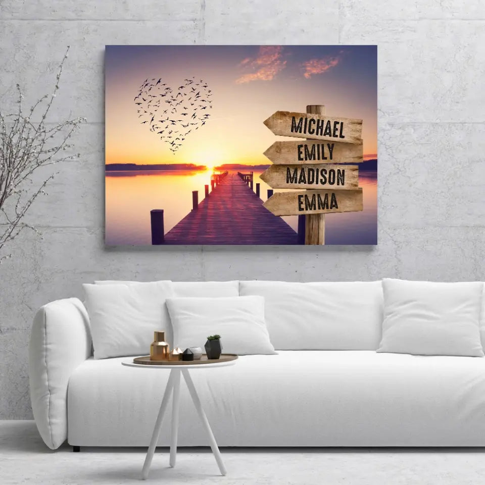 Personalized Canvas Wall Art, Riverside wooden bridge, Custom Gift For Family, Canvas With Names