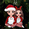 Christmas Doll Couple Sitting Hugging, Personalized Acrylic Ornament, Christmas Gift Ideas For Couples