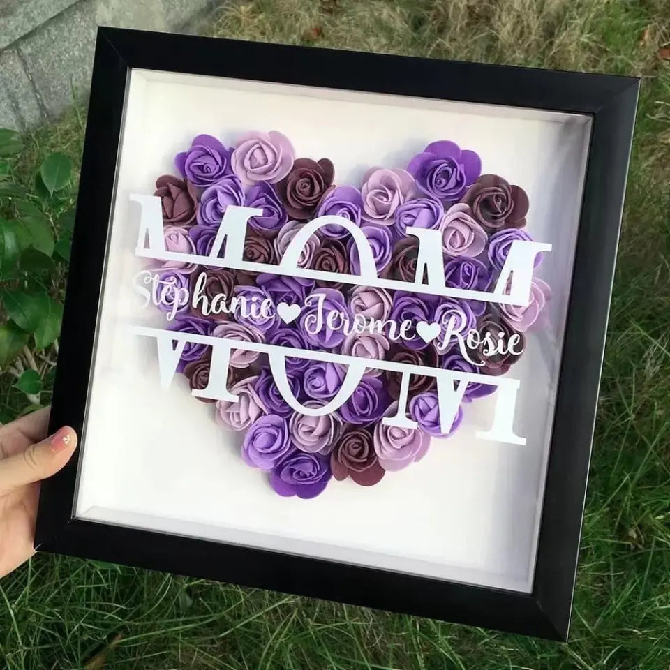 Mom Heart Shaped Monogram Flower Shadow Box - Gift For Mom