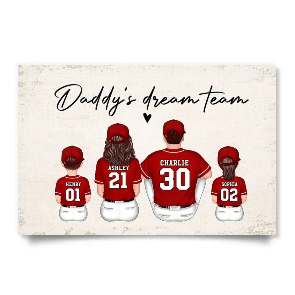 Daddy's Team Baseball Family Sitting Personalized Poster, Gift For Family, Dad, Grandpa, Husband