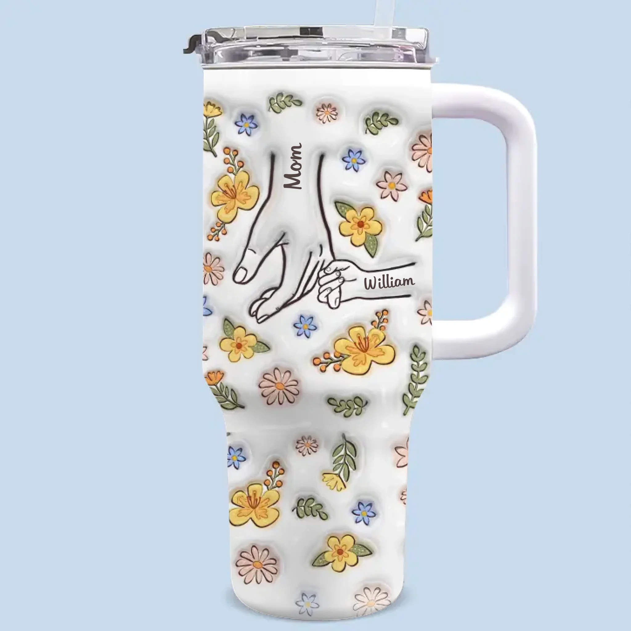 We Are Born Of Love, Love Is Our Mum - Family Personalized Custom 3D Inflated Effect Printed 40 Oz Stainless Steel Tumbler With Handle - Mother's Day, Gift For Mom, Grandma