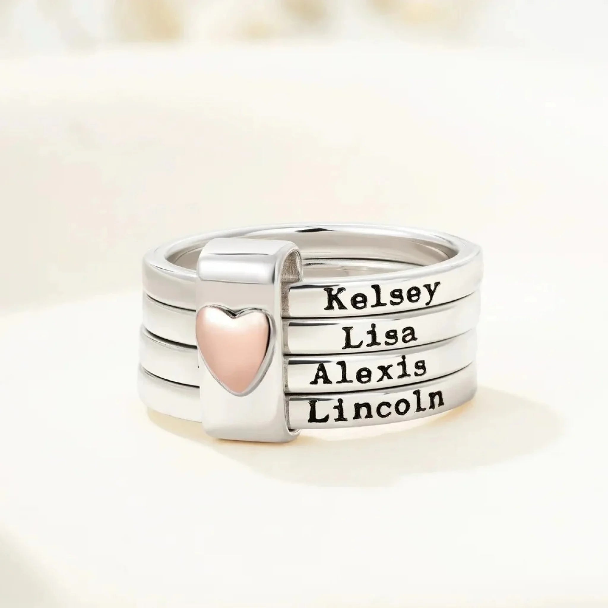 Forever Linked - Personalized Engraved Name Stacking Rings with Heart ...