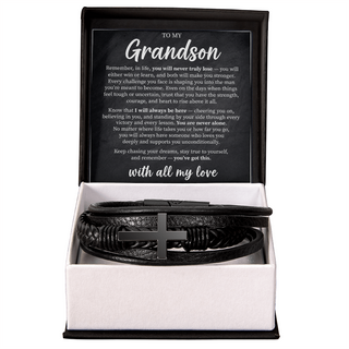 Grandson Encouragement Bracelet – Men's Leather Cross Gift for Grandson