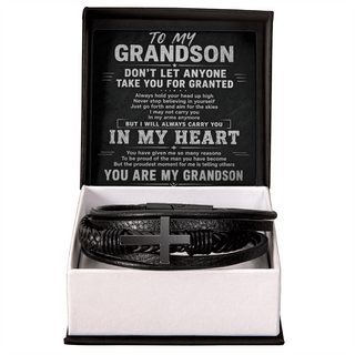 Proud Grandson Bracelet – Men's Leather Cross Gift for Grandson