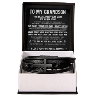 Grandson Love Bracelet – Men's Cross Leather Keepsake Gift for Grandson