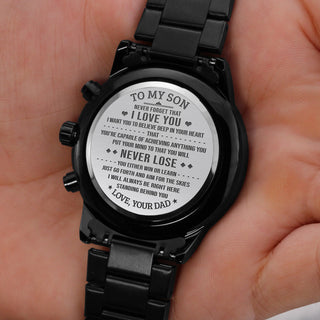 Son Never Lose, Engraved Design Black Watch, Gift For Son From Dad, Christmas Gift Idea