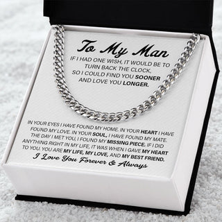 To My Man Cuban Link Chain Necklace, My Life My Love, Perfect Gift for Your Man